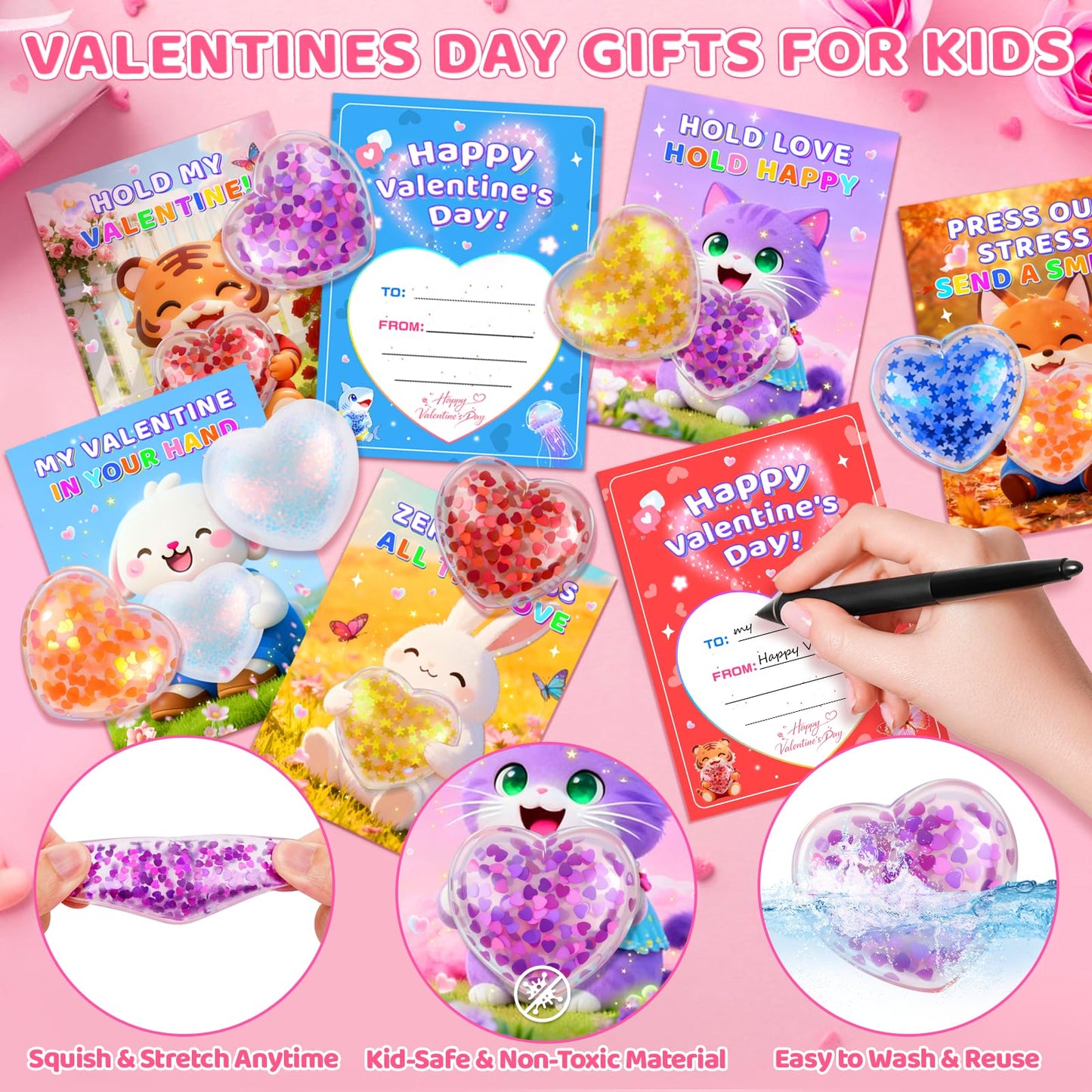 CRIOLPO Valentines Day Cards for Kids with Heart Stress Balls — Classroom Gift Set (24 Pack)