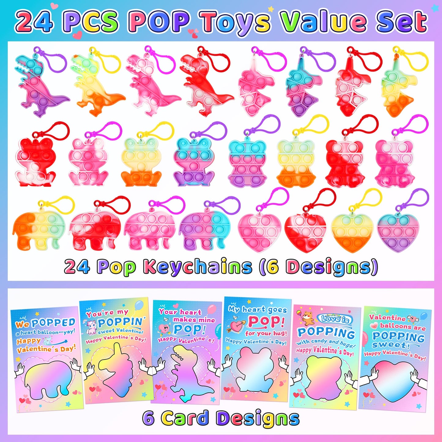 CRIOLPO Valentines Day Gifts for Kids – 24 Heart Pop Fidget Keychains & Cards