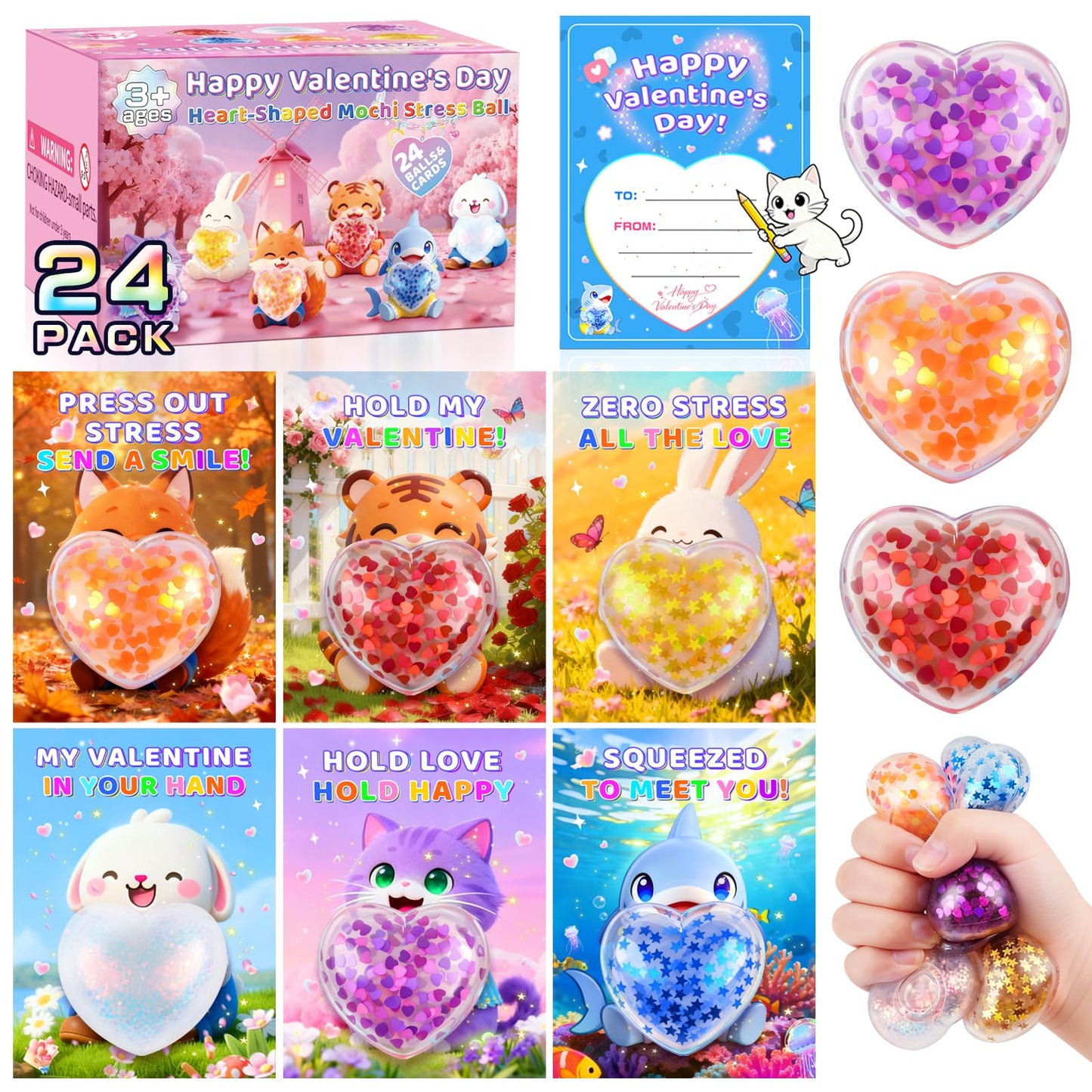 CRIOLPO Valentines Day Cards for Kids with Heart Stress Balls — Classroom Gift Set (24 Pack)