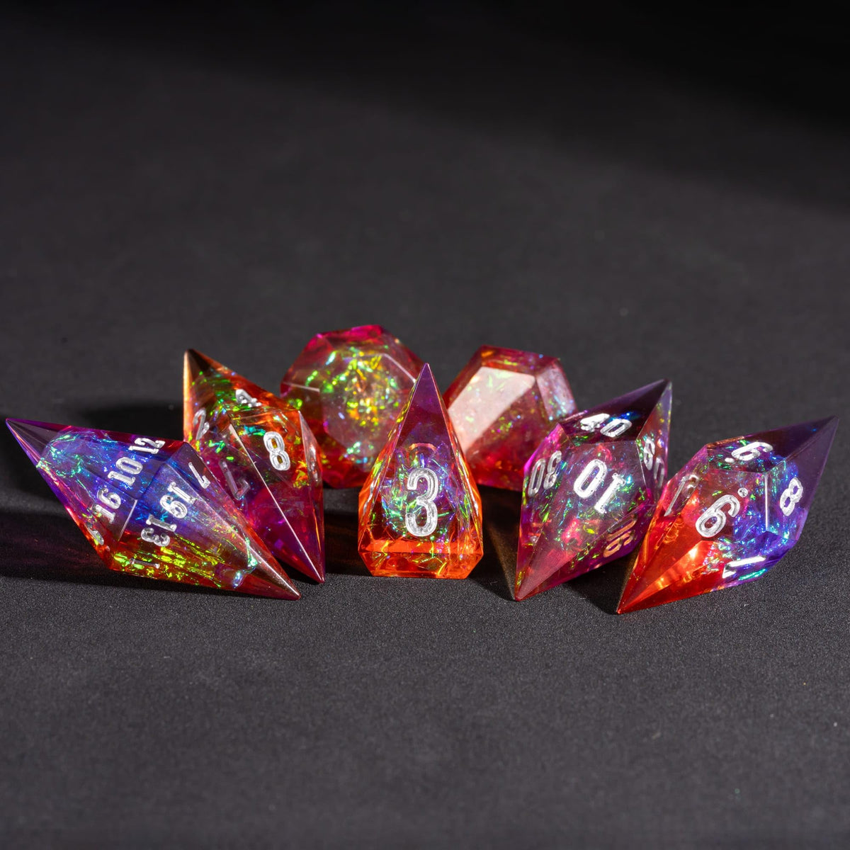 CRITALLIC 7PCS Diamond DND Dice Set – Transparent Sharp-Edge Polyhedral Dice (Purple & Orange)