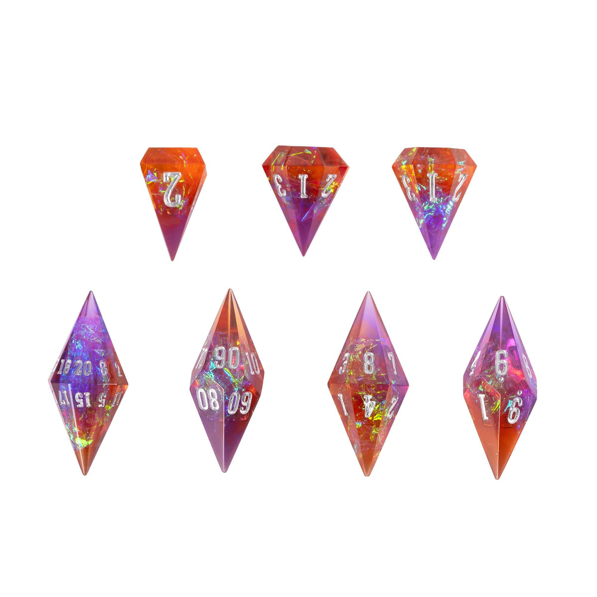 CRITALLIC 7PCS Diamond DND Dice Set – Transparent Sharp-Edge Polyhedral Dice (Purple & Orange)