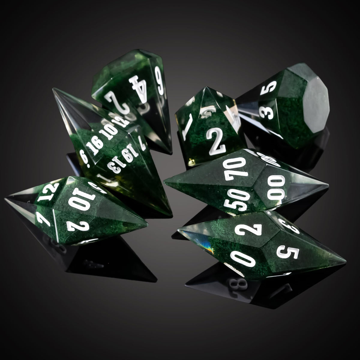 CRITALLIC 7PCS Diamond DND Dice Set – Ghost Green Transparent Edge