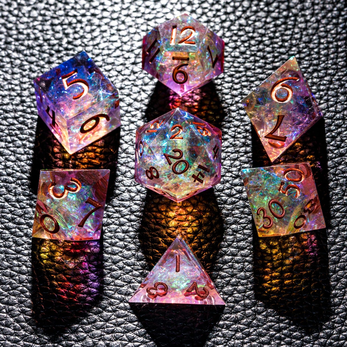 CRITALLIC 7PCS DND Dice Set – Transparent Sharp Edge Polyhedral Dice (Gift Box, Purple & Orange)