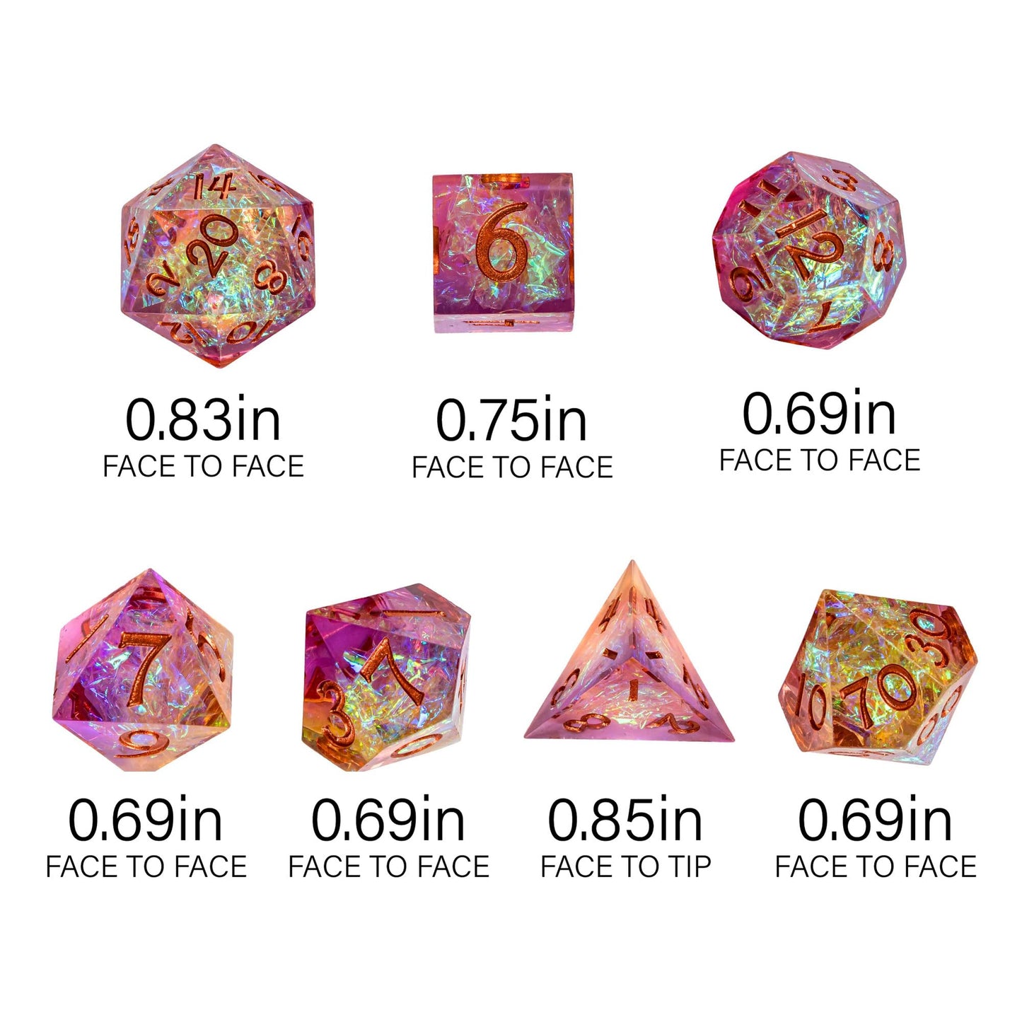 CRITALLIC 7PCS DND Dice Set – Transparent Sharp Edge Polyhedral Dice (Gift Box, Purple & Orange)