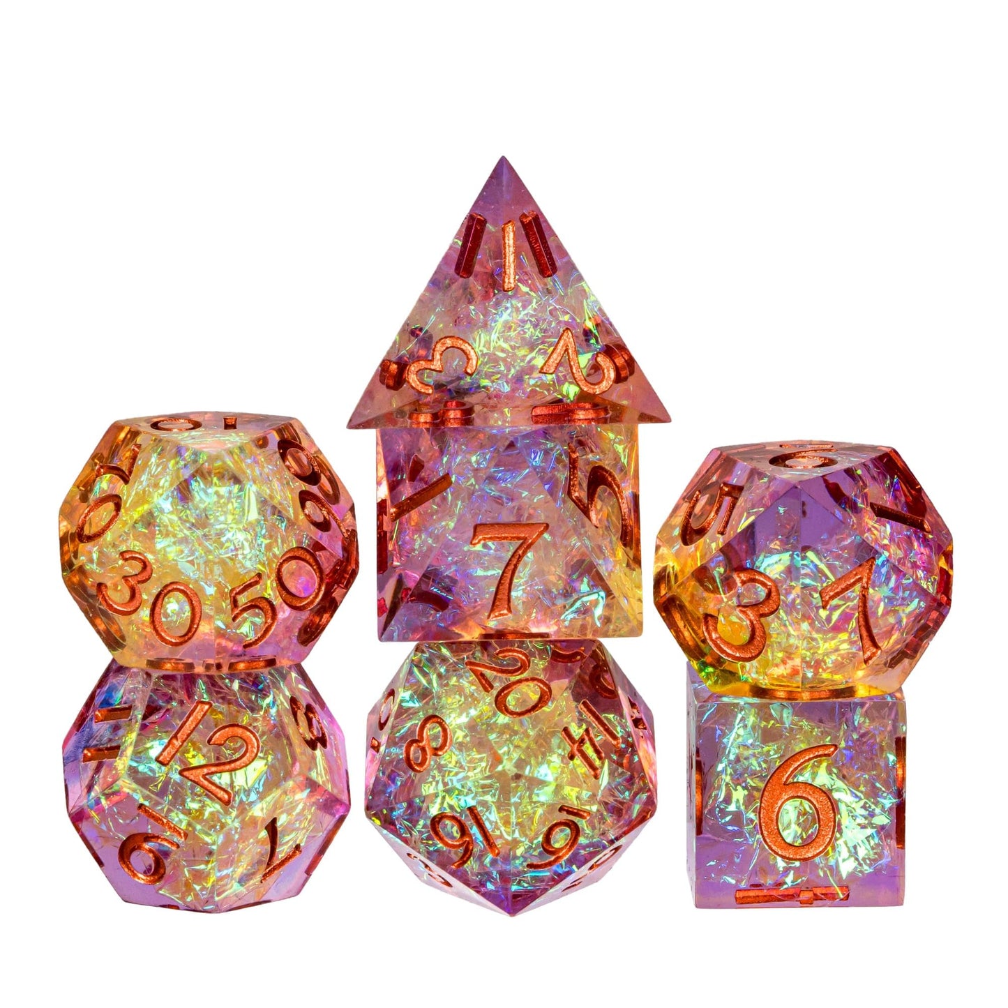 CRITALLIC 7PCS DND Dice Set – Transparent Sharp Edge Polyhedral Dice (Gift Box, Purple & Orange)