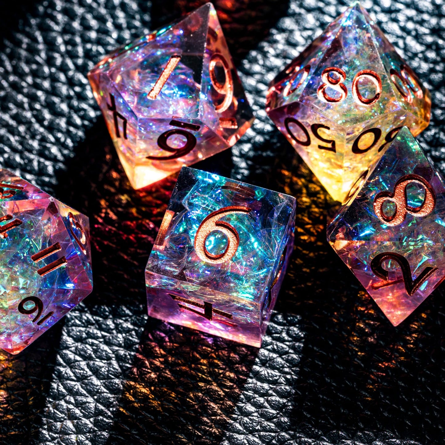 CRITALLIC 7PCS DND Dice Set – Transparent Sharp Edge Polyhedral Dice (Gift Box, Purple & Orange)