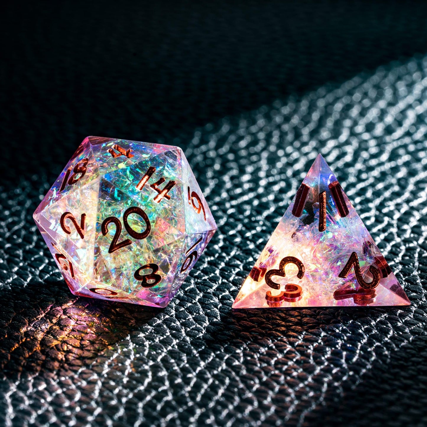 CRITALLIC 7PCS DND Dice Set – Transparent Sharp Edge Polyhedral Dice (Gift Box, Purple & Orange)
