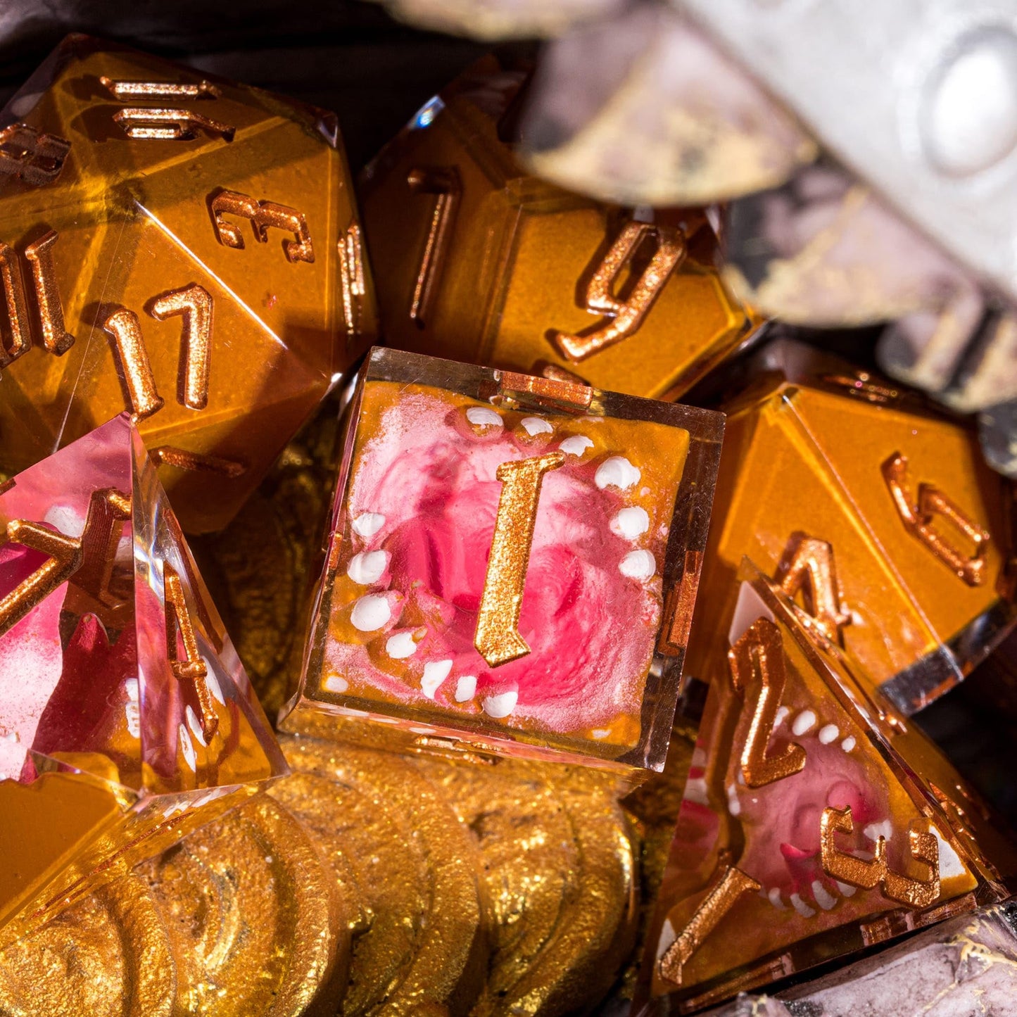CRITALLIC Tooth Monster Dice Set – 7pc Handmade Sharp-Edge D&D Polyhedral Dice with Gift Box
