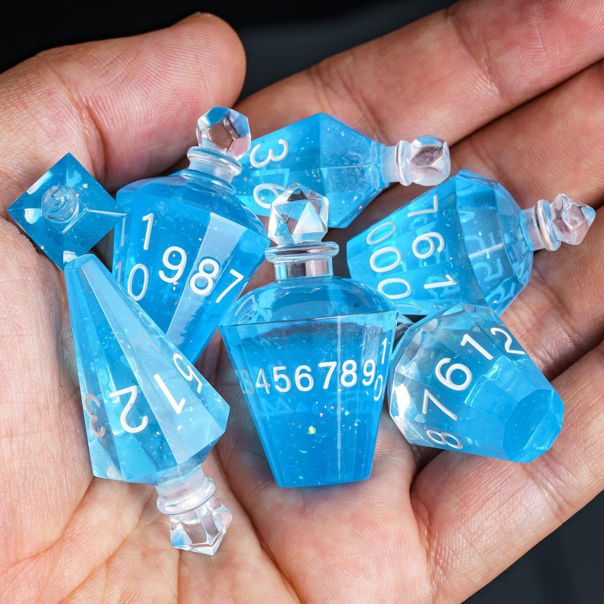 CRITALLIC 7-Piece Potion DND Dice Set — Transparent Blue Bottle Polyhedral Dice for D&D & TTRPGs