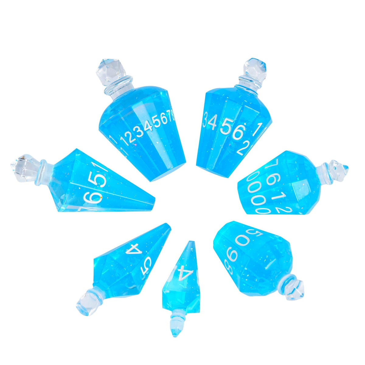 CRITALLIC 7-Piece Potion DND Dice Set — Transparent Blue Bottle Polyhedral Dice for D&D & TTRPGs