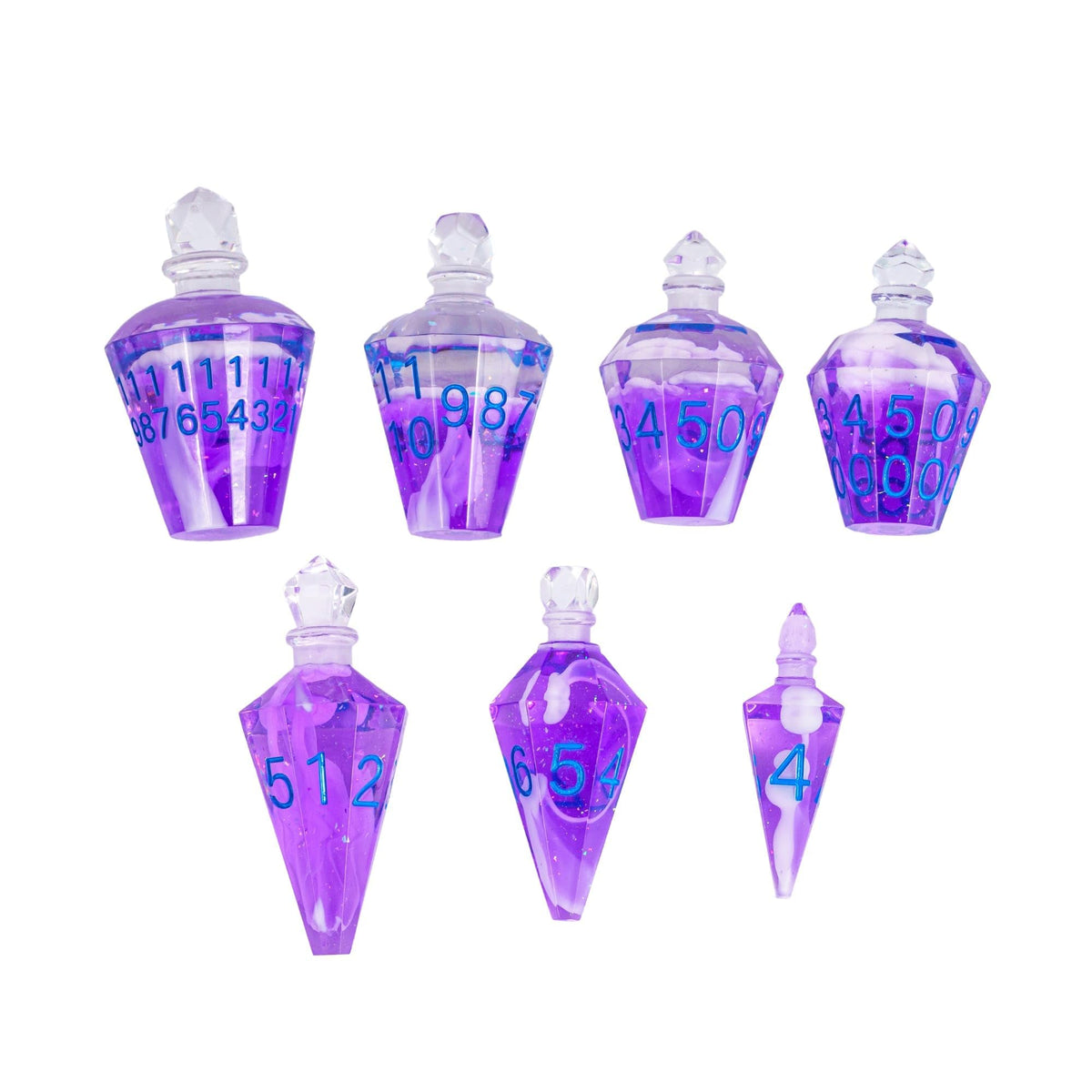 CRITALLIC 7PCS Potion DND Dice Set – Transparent Purple Bottle with White Smoke, Sharp Edge Polyhedral Dice for D&D & TTRPG