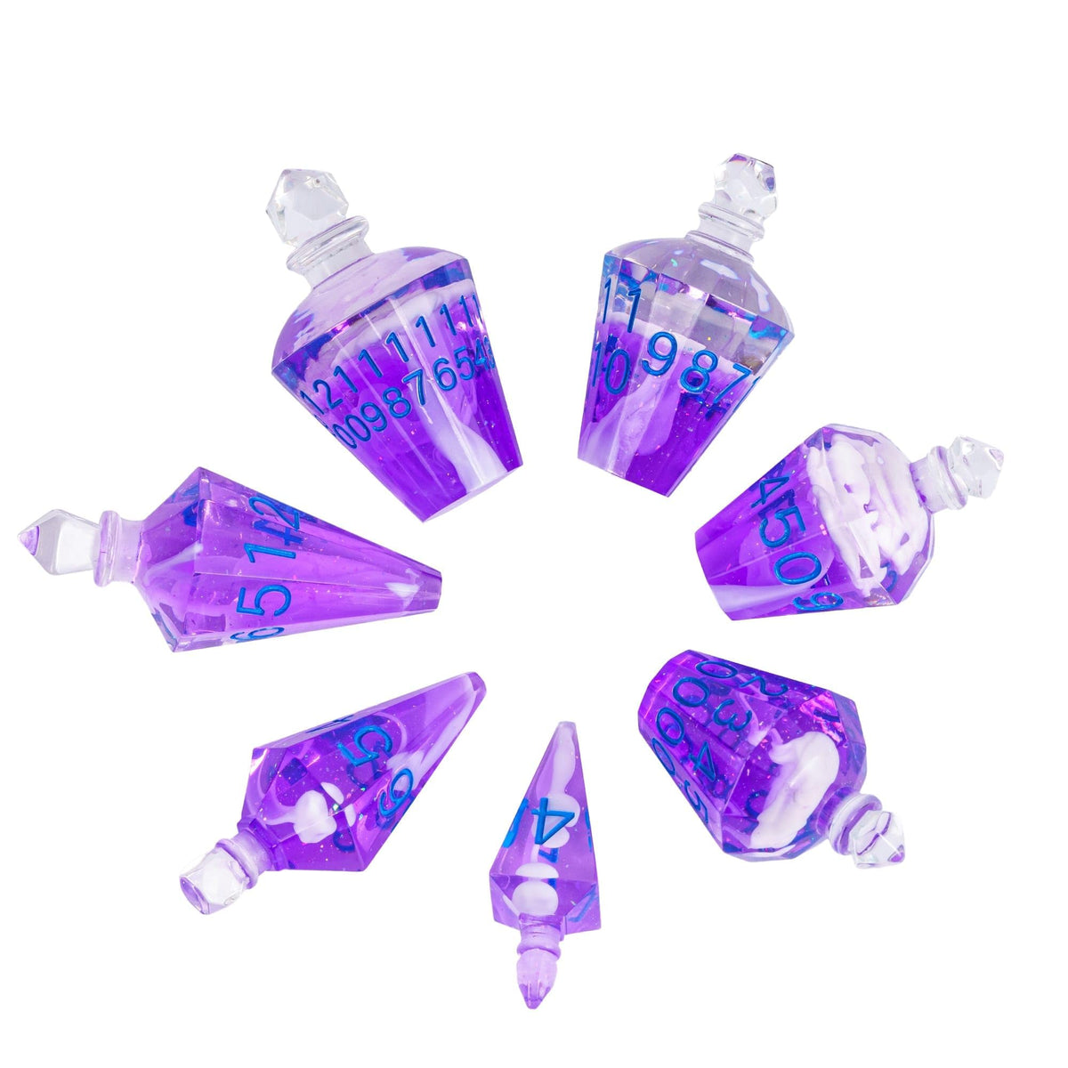 CRITALLIC 7PCS Potion DND Dice Set – Transparent Purple Bottle with White Smoke, Sharp Edge Polyhedral Dice for D&D & TTRPG
