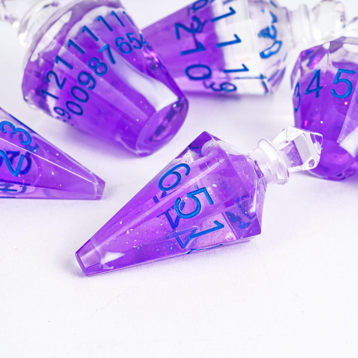 CRITALLIC 7PCS Potion DND Dice Set – Transparent Purple Bottle with White Smoke, Sharp Edge Polyhedral Dice for D&D & TTRPG