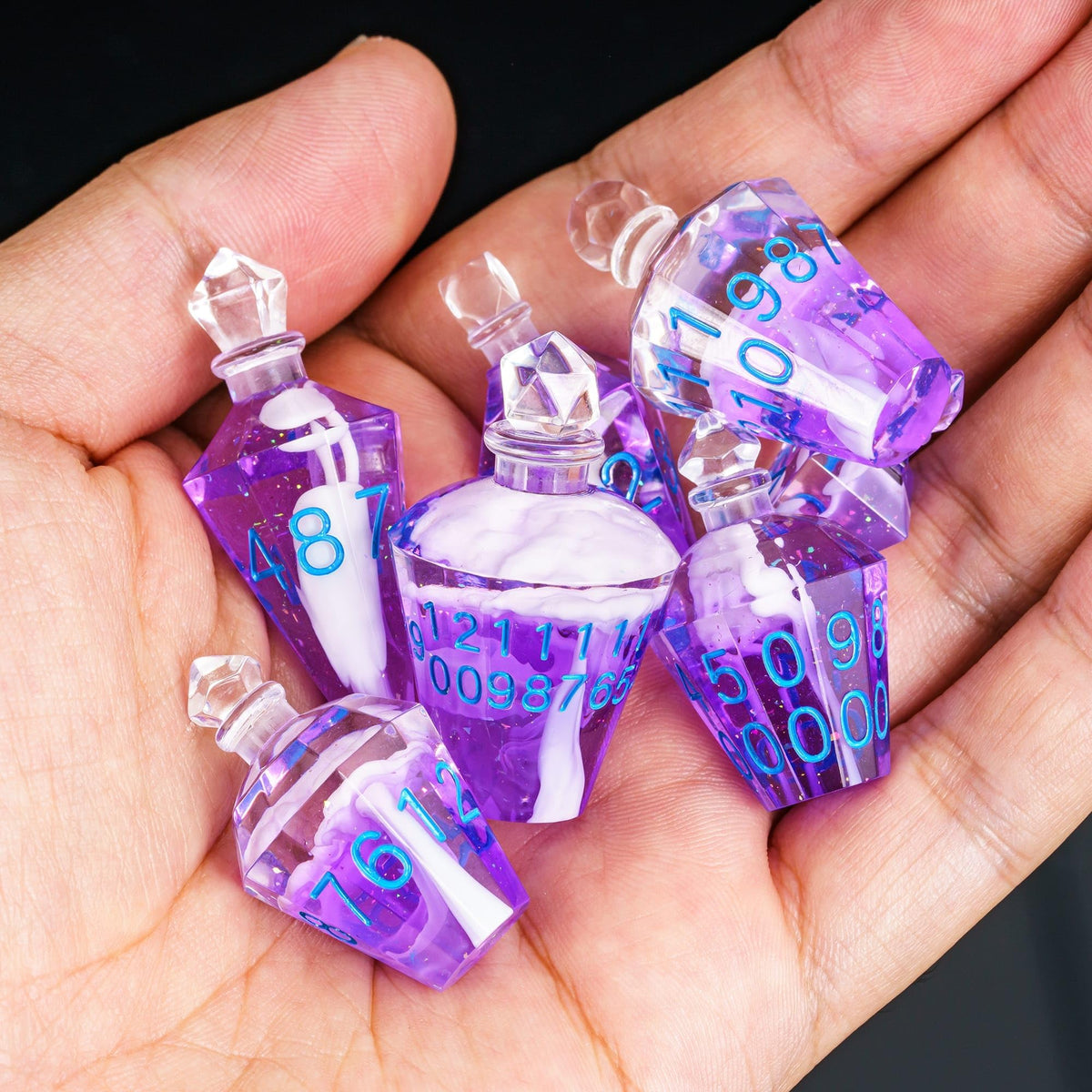 CRITALLIC 7PCS Potion DND Dice Set – Transparent Purple Bottle with White Smoke, Sharp Edge Polyhedral Dice for D&D & TTRPG