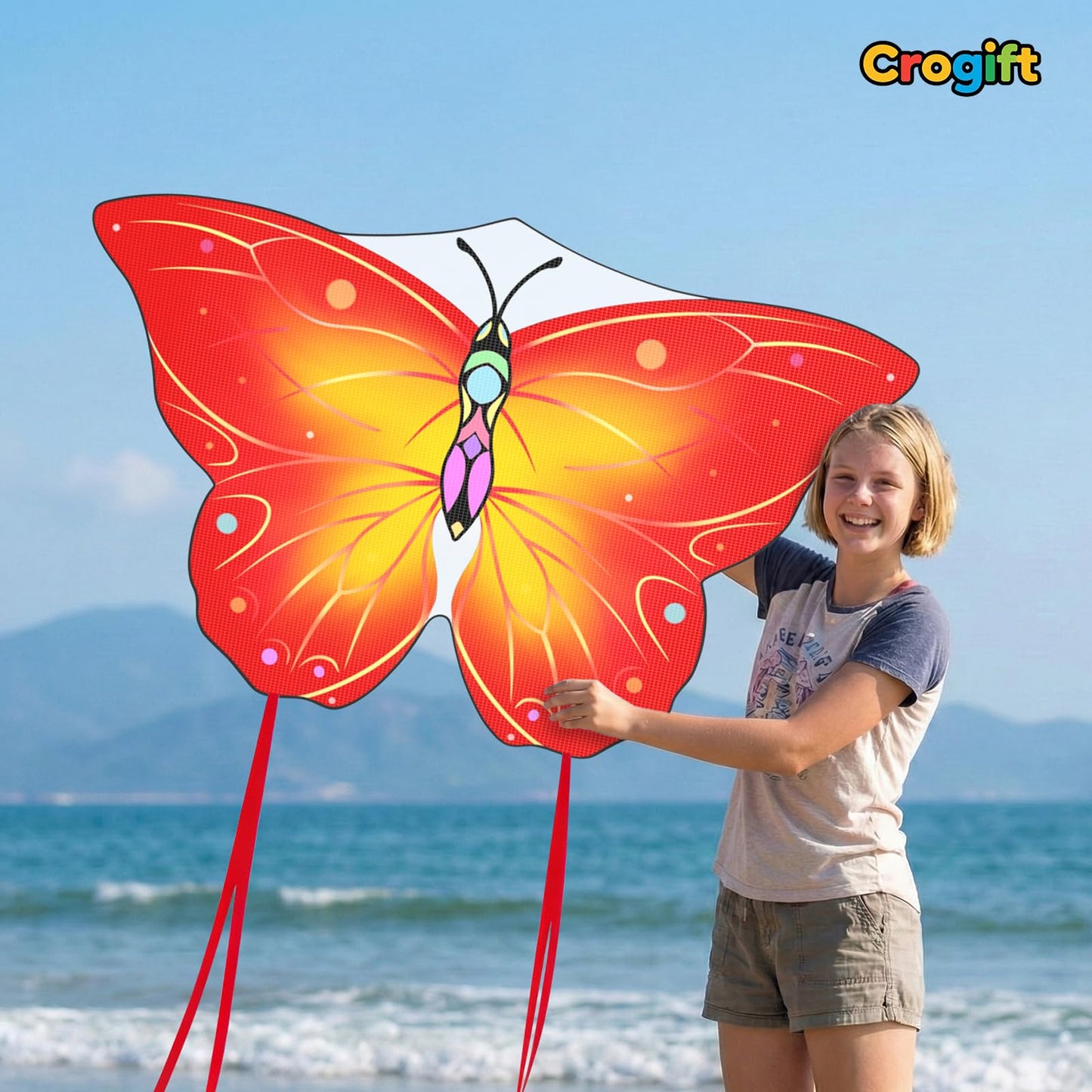 Crogift 3 Pack Large Kites - Delta, Butterfly & Red Octopus for All Ages