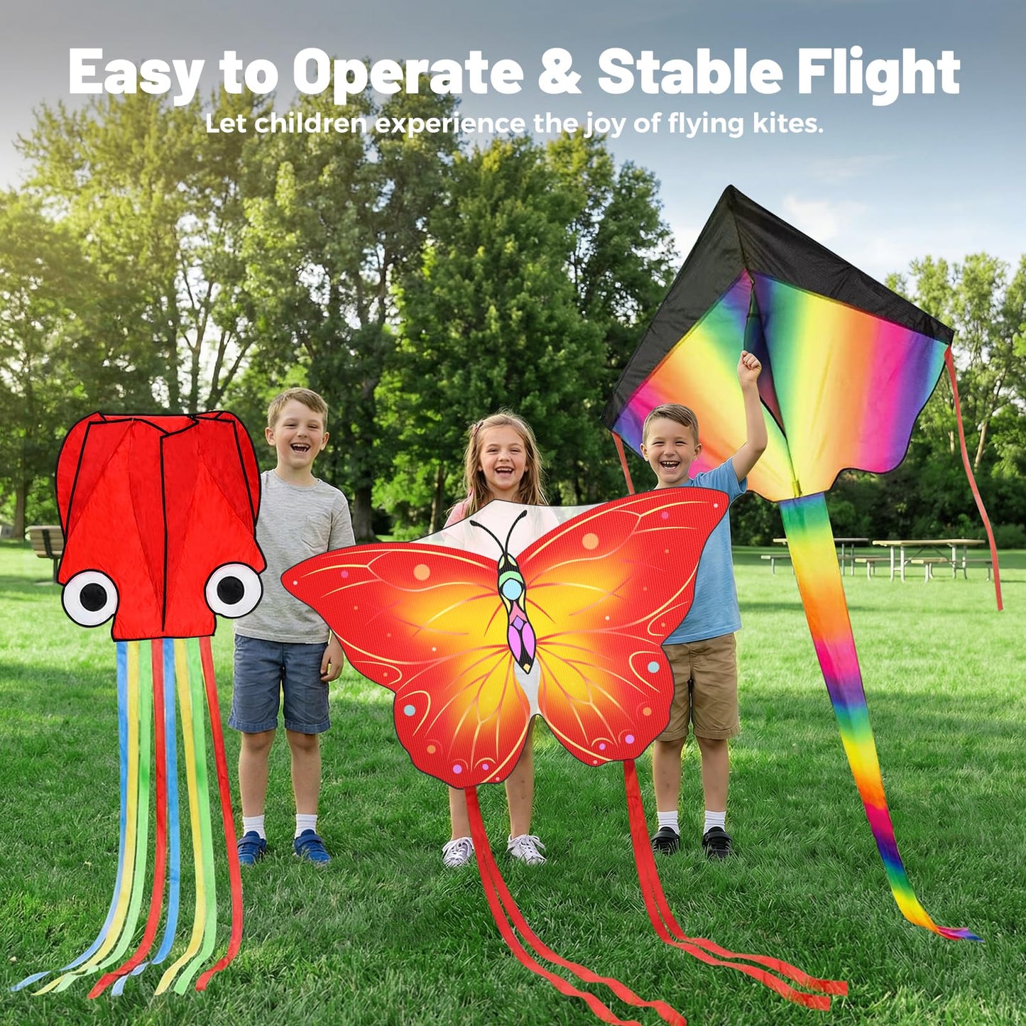 Crogift 3 Pack Large Kites - Delta, Butterfly & Red Octopus for All Ages