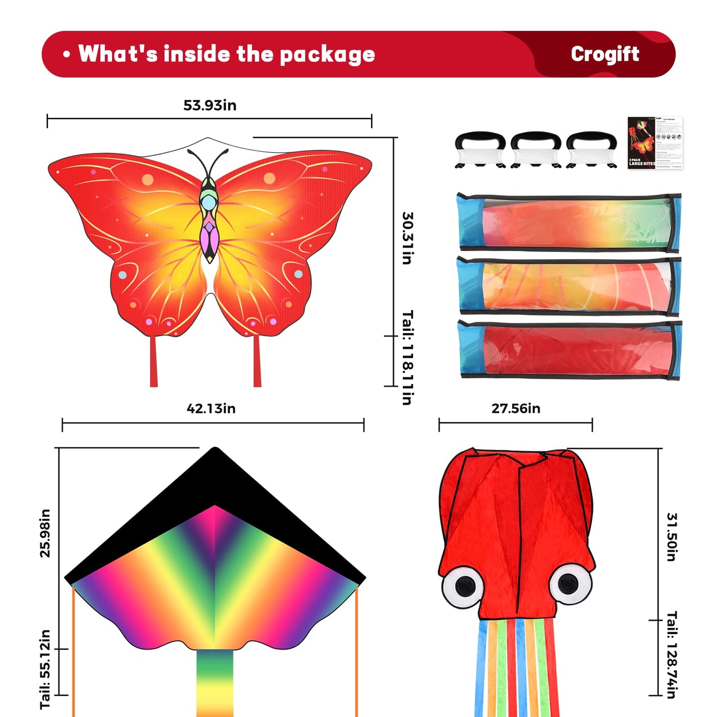 Crogift 3 Pack Large Kites - Delta, Butterfly & Red Octopus for All Ages