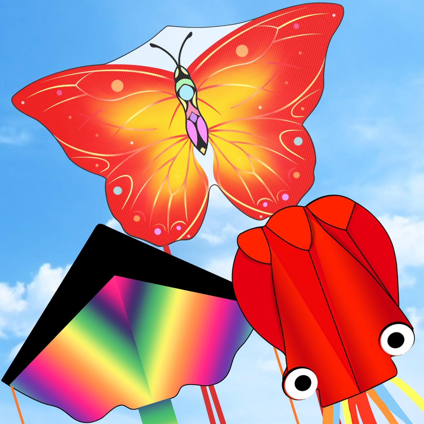 Crogift 3 Pack Large Kites - Delta, Butterfly & Red Octopus for All Ages