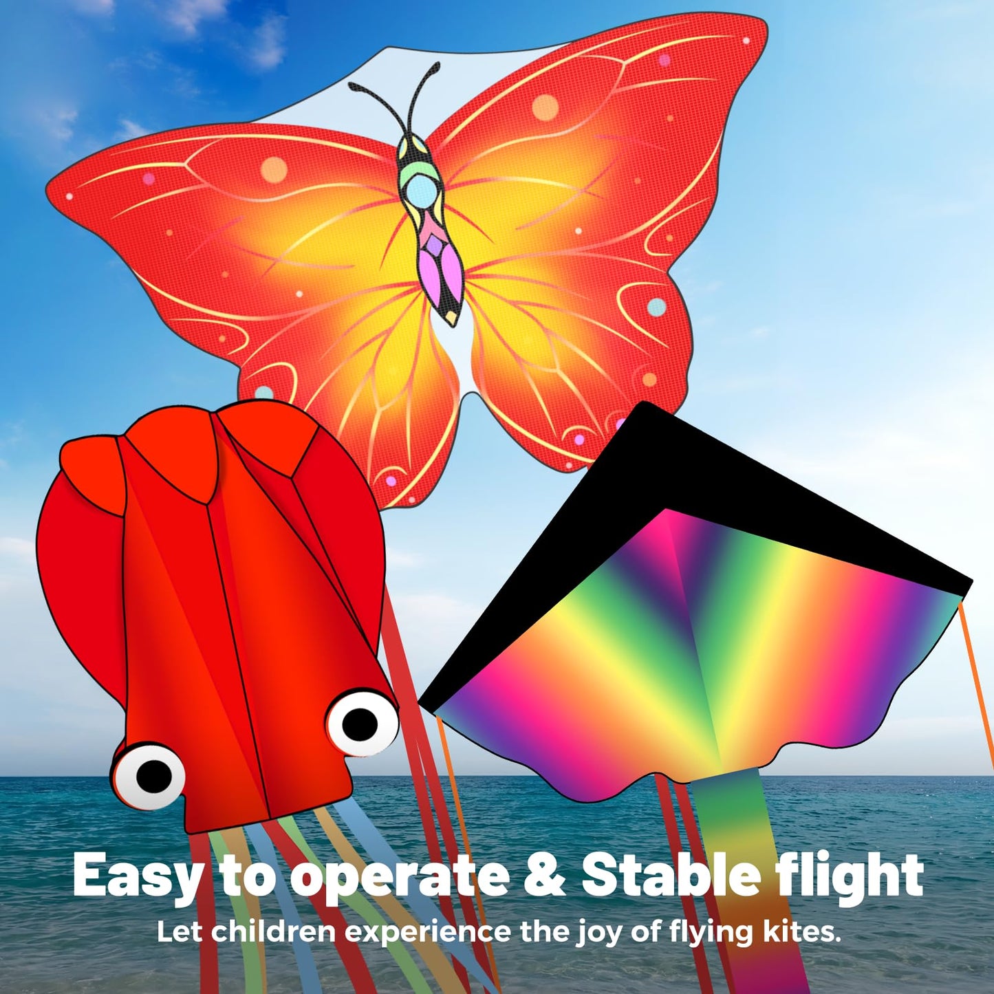 Crogift 3 Pack Large Kites - Delta, Butterfly & Red Octopus for All Ages