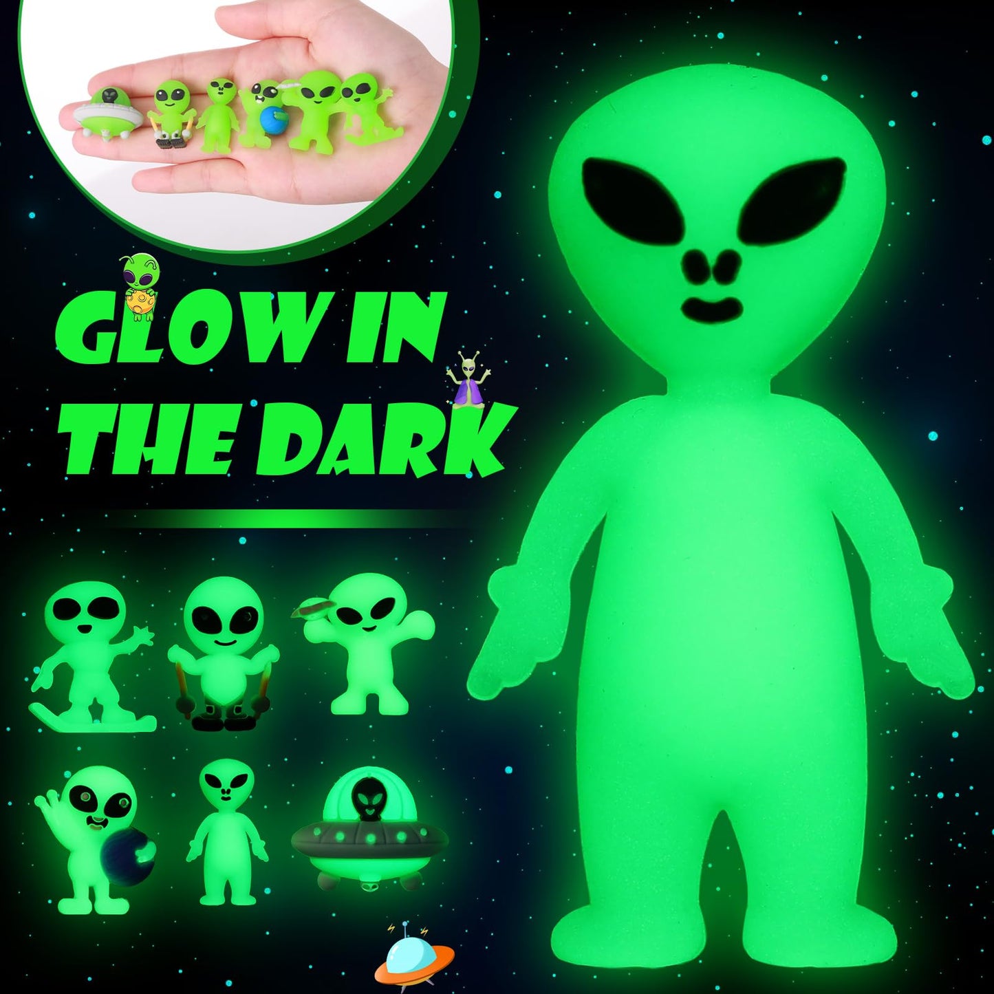 CroBlissful 60 Pcs Mini Alien Figures Glow-in-the-Dark – 6 Styles for Party Favors & Piñatas