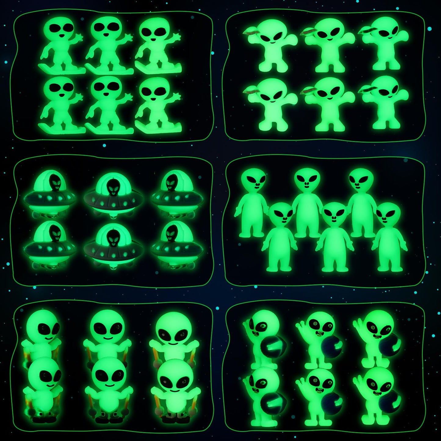 CroBlissful 60 Pcs Mini Alien Figures Glow-in-the-Dark – 6 Styles for Party Favors & Piñatas