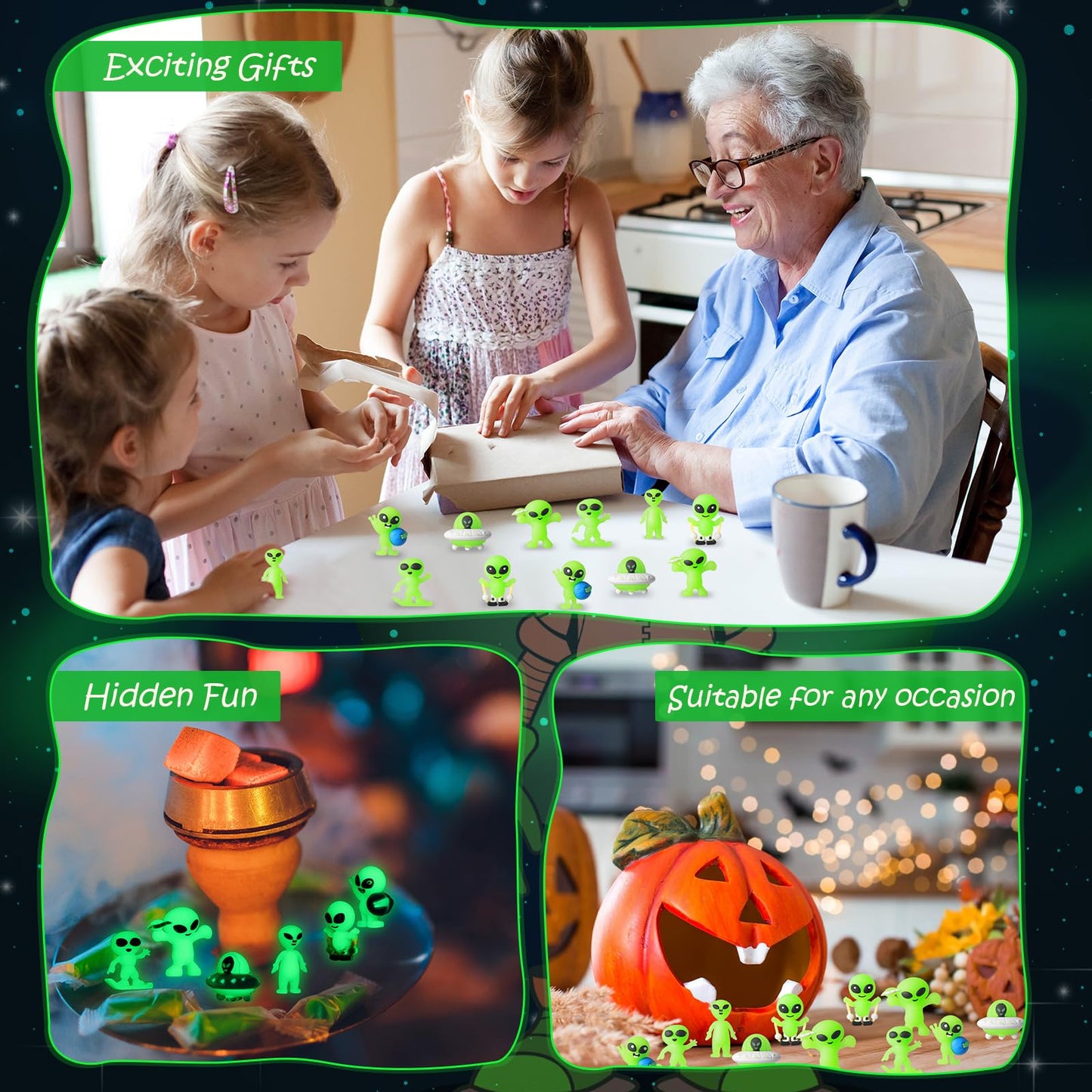 CroBlissful 60 Pcs Mini Alien Figures Glow-in-the-Dark – 6 Styles for Party Favors & Piñatas