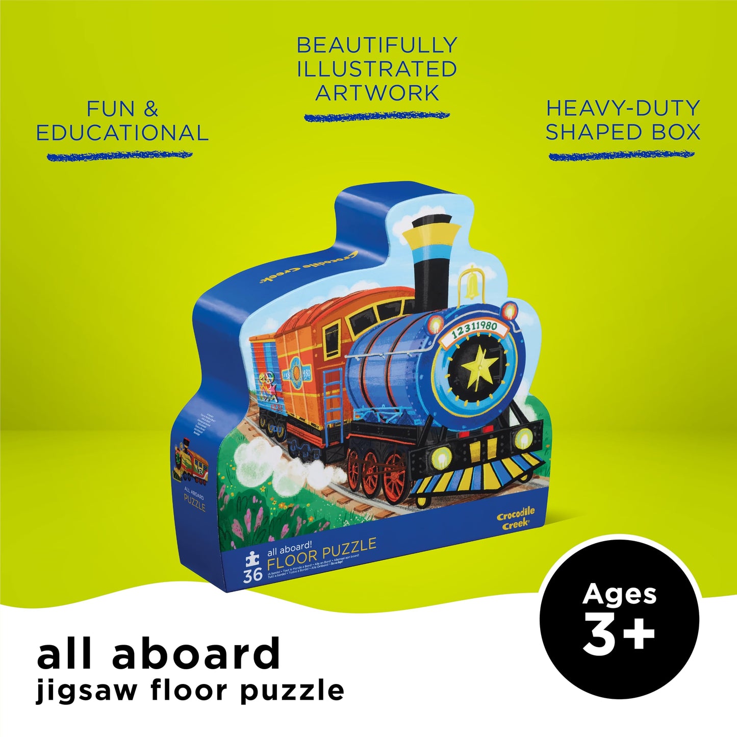 Crocodile Creek 36-Piece Floor Puzzle – All Aboard for Kids Ages 3-5 | Heavy-Duty Shaped Storage Box