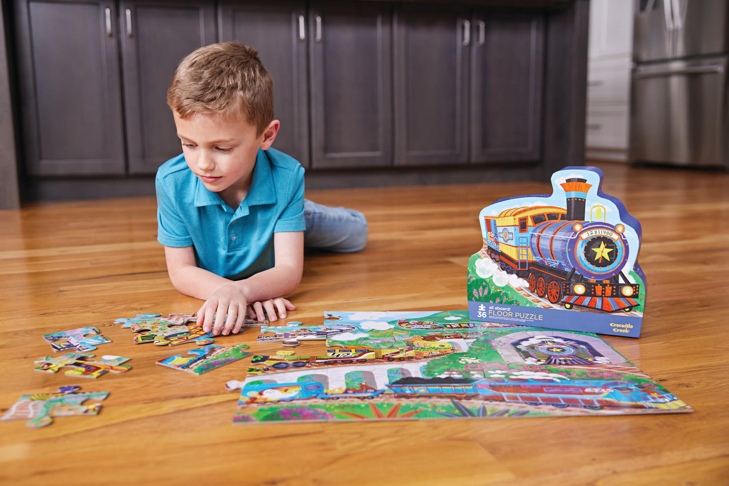 Crocodile Creek 36-Piece Floor Puzzle – All Aboard for Kids Ages 3-5 | Heavy-Duty Shaped Storage Box