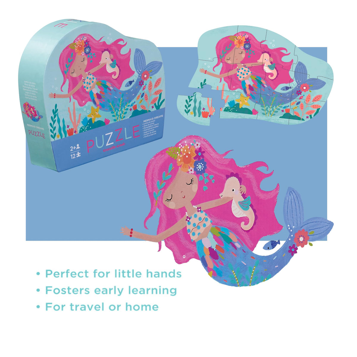 Crocodile Creek Mermaid Dreams 12-Piece Mini Jigsaw Puzzle – Kids Floor Puzzle 2+ with Storage Box