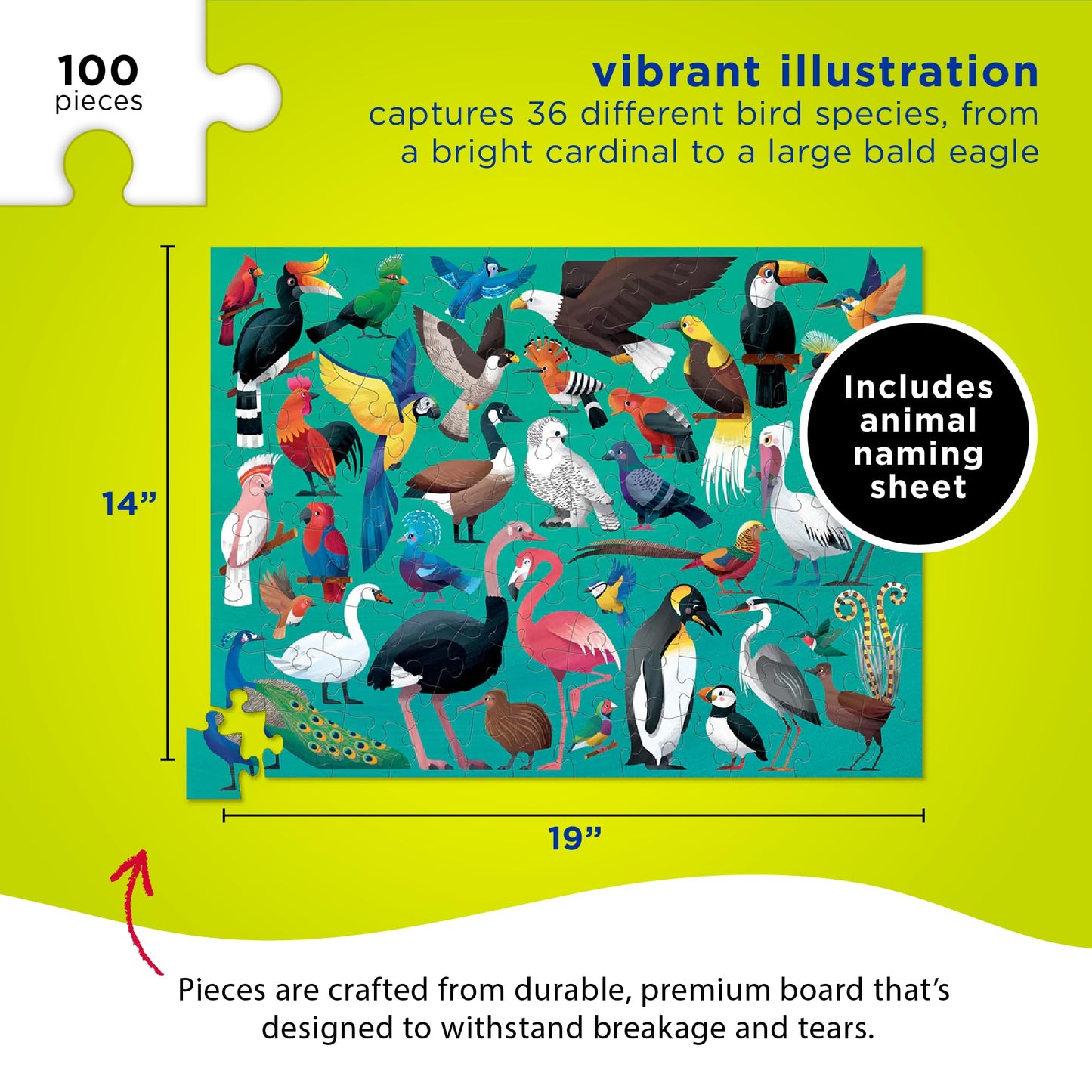 Crocodile Creek Birds 100-Piece Jigsaw Puzzle for Kids 5+, 14 x 19 Finished, Storage Canister