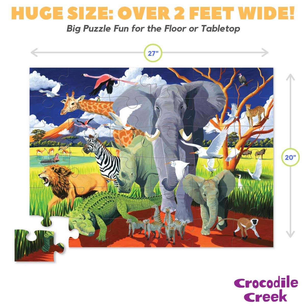 Crocodile Creek Wild Safari 36-Piece Floor Puzzle – Large 20 x 27 in, Heavy-Duty Box for Storage