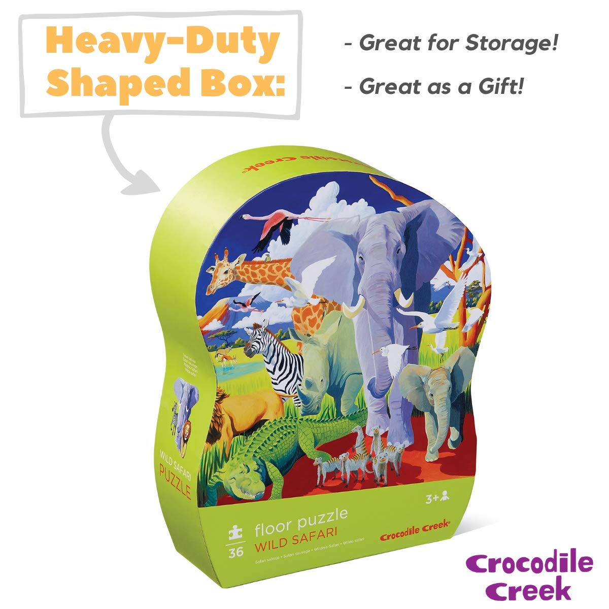 Crocodile Creek Wild Safari 36-Piece Floor Puzzle – Large 20 x 27 in, Heavy-Duty Box for Storage