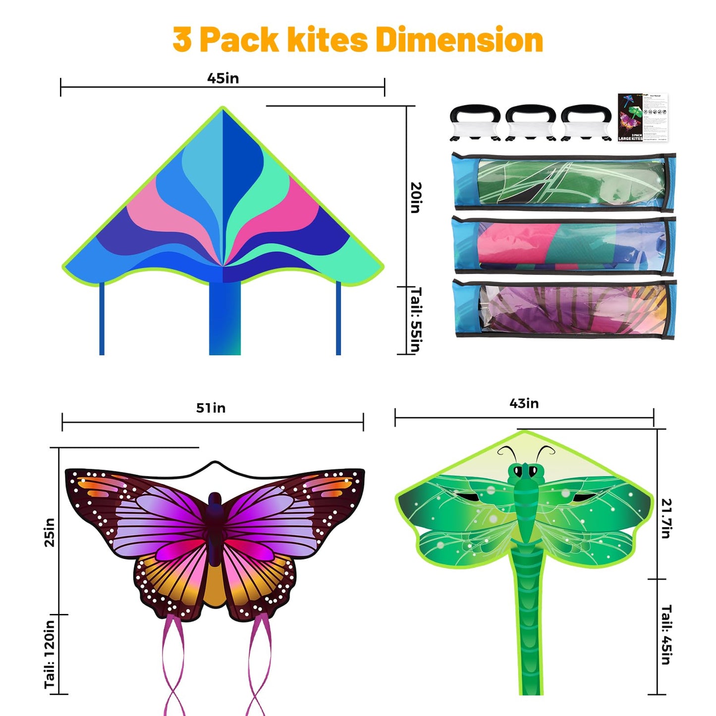 Crogift 3-Pack Large Kites – Butterfly Delta Dragonfly for Easy Flying