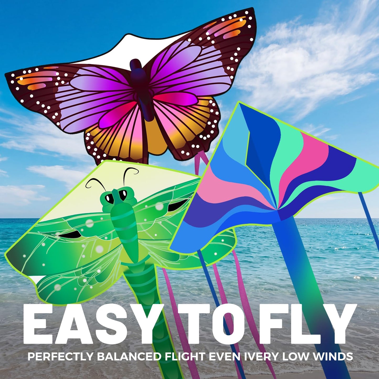 Crogift 3-Pack Large Kites – Butterfly Delta Dragonfly for Easy Flying