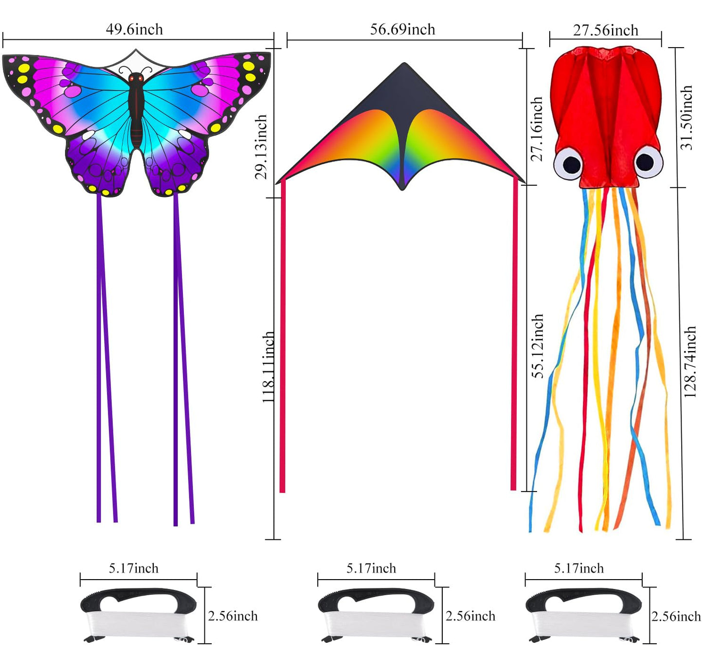 Crogift 3 Pack Kites for Kids – Delta, Butterfly & Red Octopus