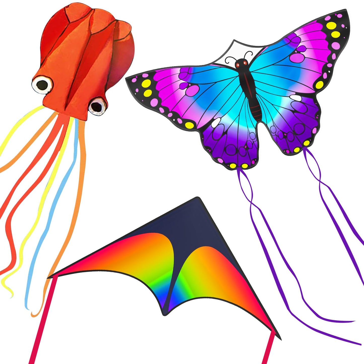 Crogift 3 Pack Kites for Kids – Delta, Butterfly & Red Octopus