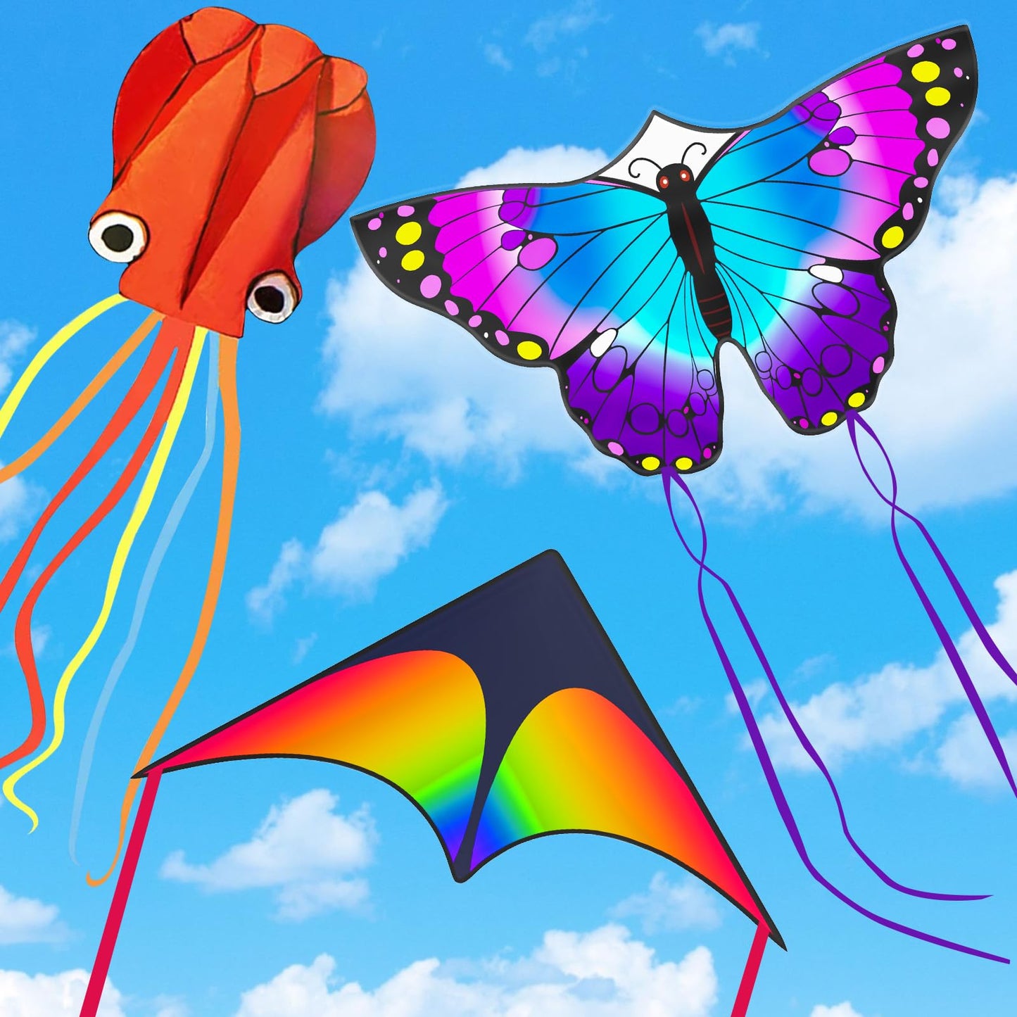 Crogift 3 Pack Kites for Kids – Delta, Butterfly & Red Octopus