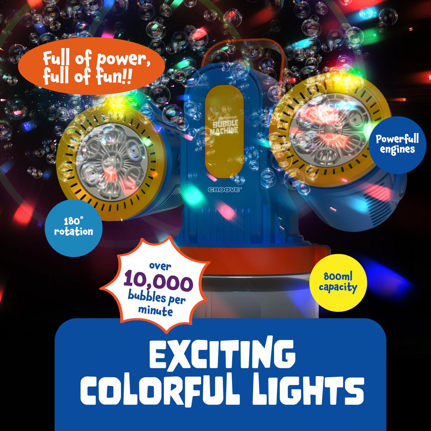 Croove Rechargeable Bubble Machine — 10,000+ Bubbles/Min, 180° Rotation, RGB Lights
