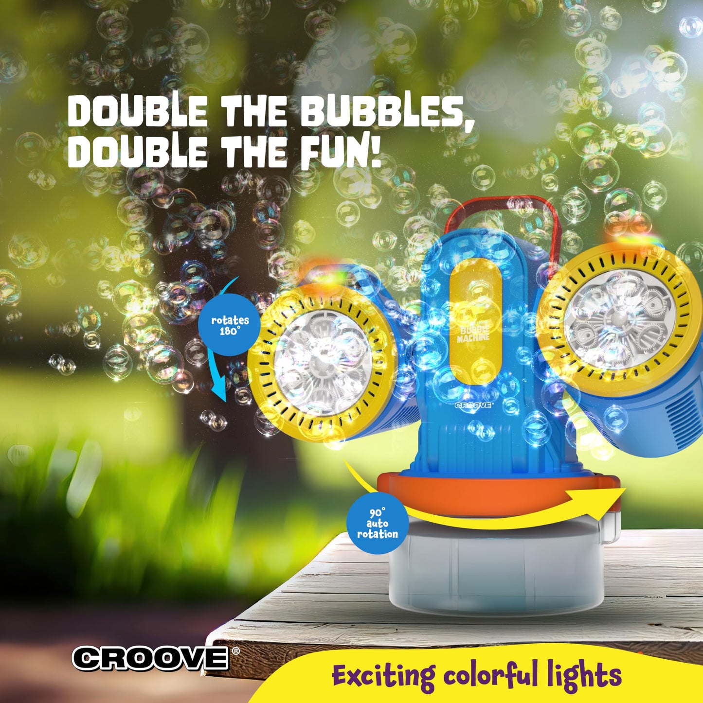 Croove Rechargeable Bubble Machine — 10,000+ Bubbles/Min, 180° Rotation, RGB Lights