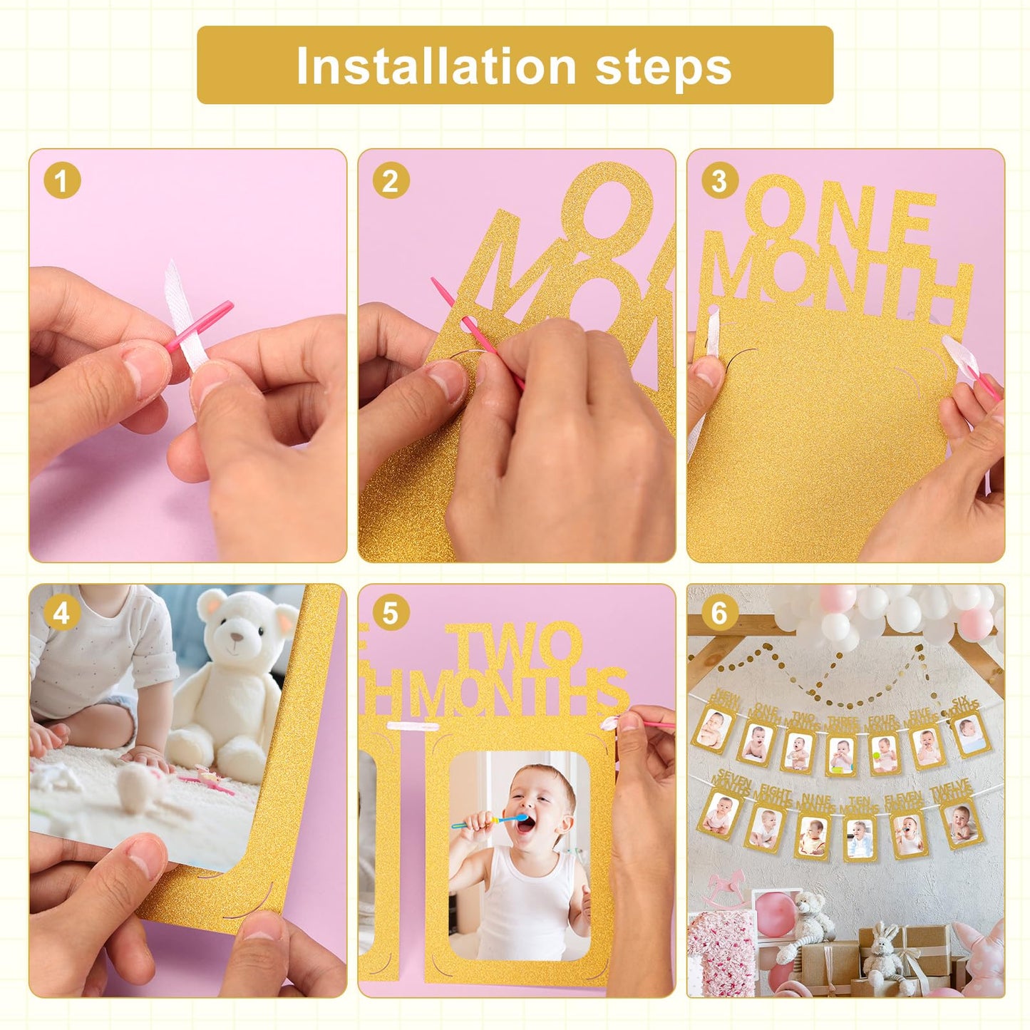 Crosize 1st Birthday Photo Banner – 4x6 or 5x7 Frame, Newborn to 12 Months, Milestones Garland (Gold)
