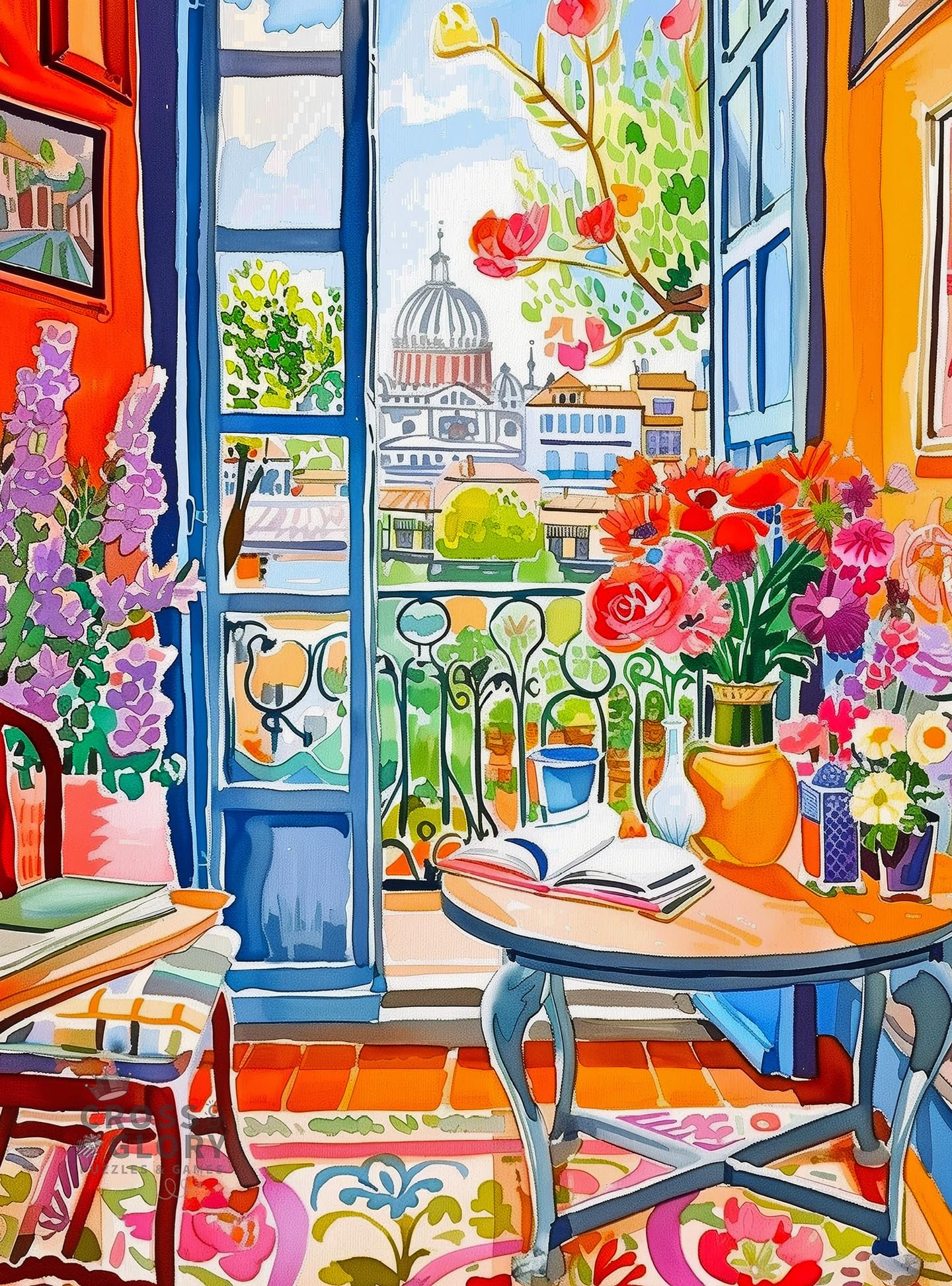 Cross & Glory Room with a Bloom – 1000-Piece Floral City View Jigsaw Puzzle for Adults