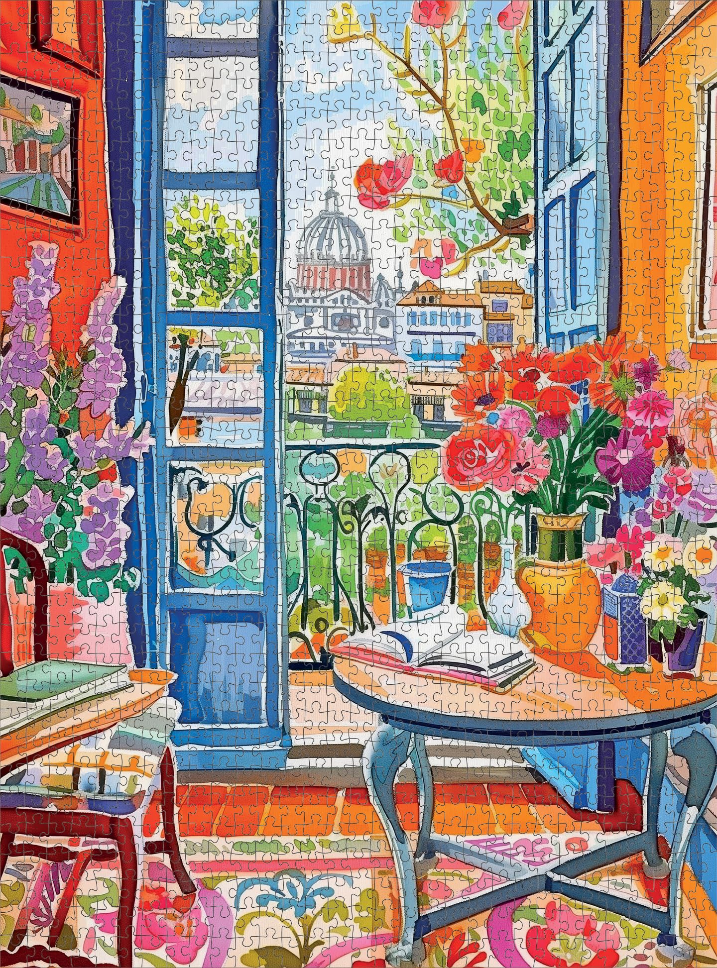 Cross & Glory Room with a Bloom – 1000-Piece Floral City View Jigsaw Puzzle for Adults
