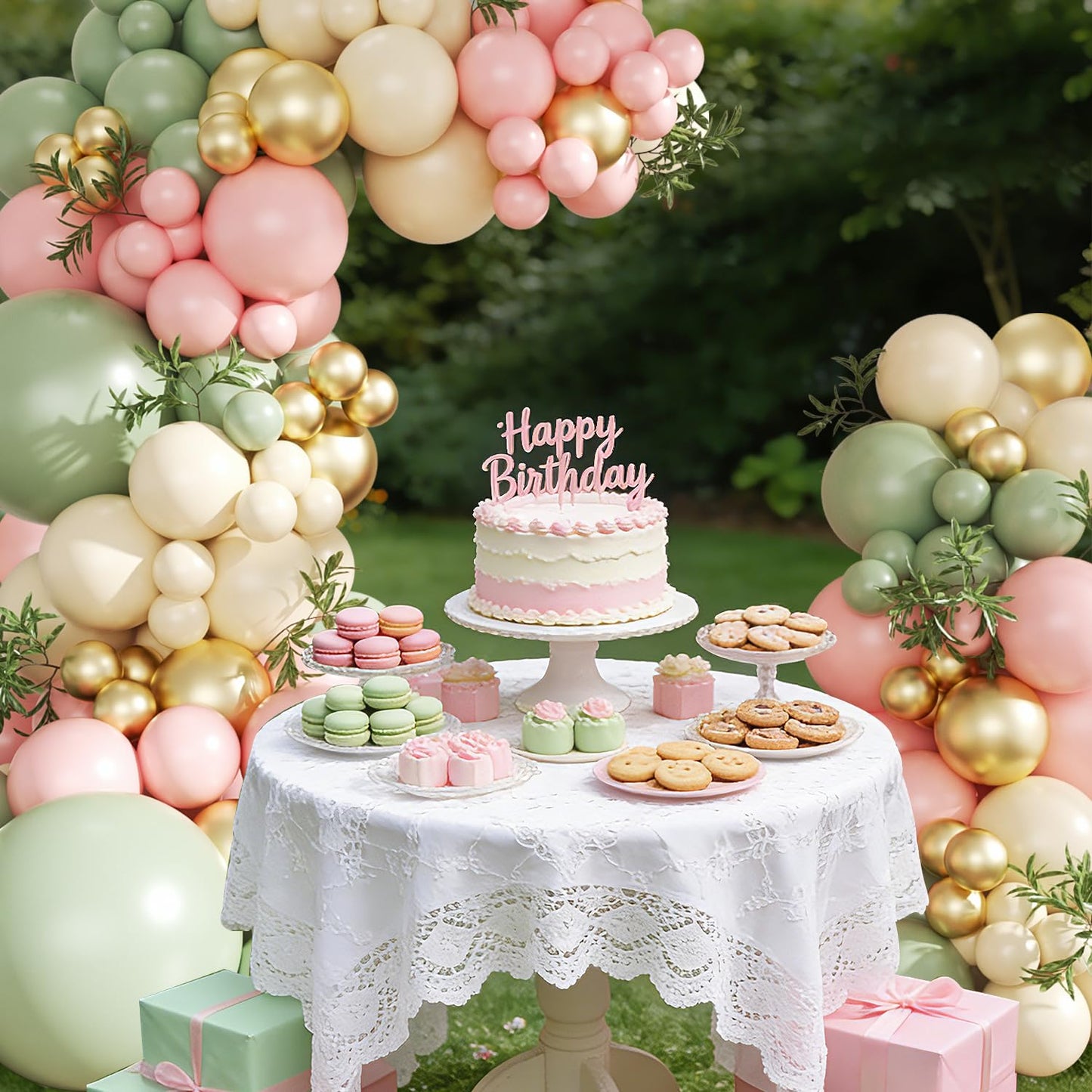 CROSSFINGERS Pink & Green Gold Balloon Arch Kit | 124-Piece Party Garland