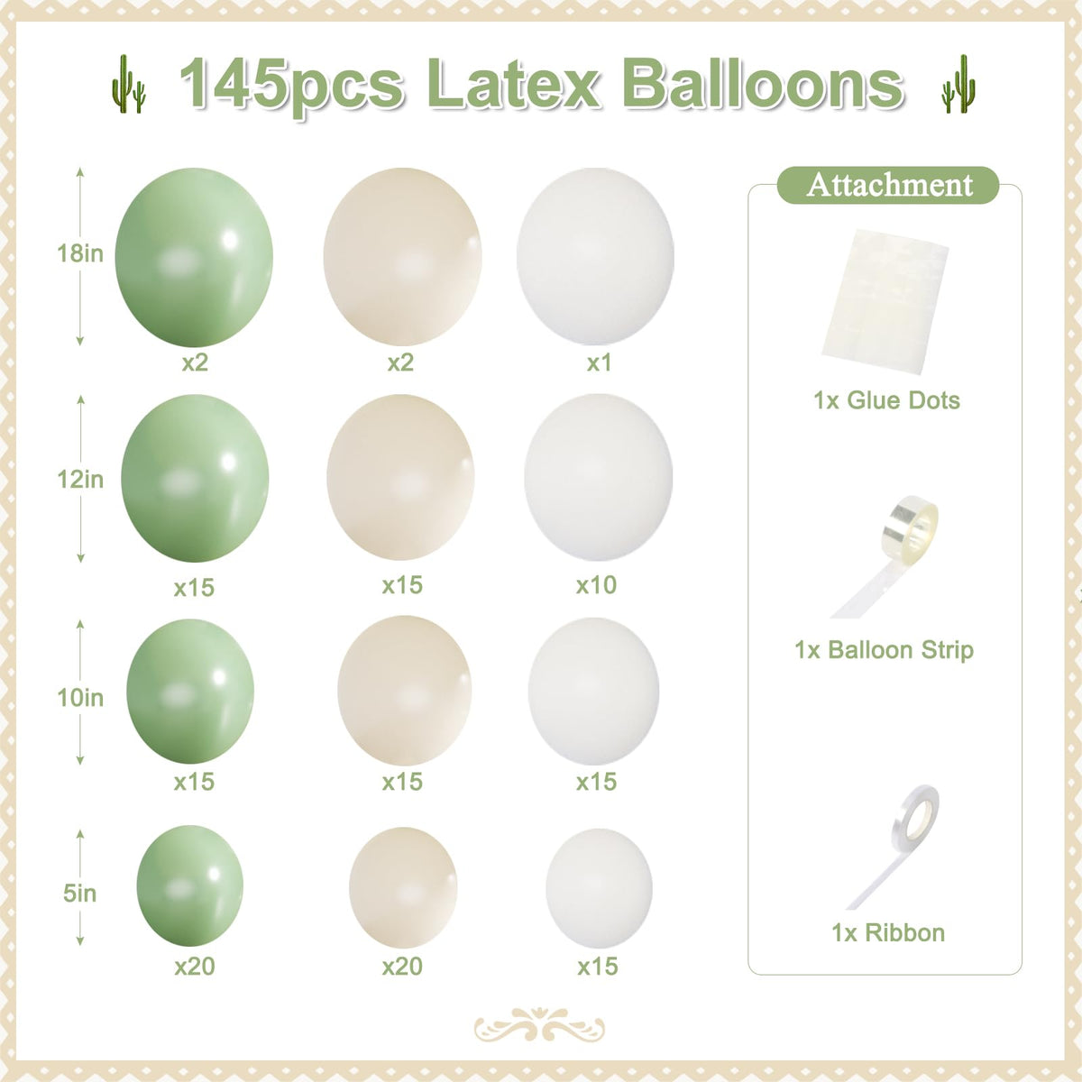 CROSSFINGERS Sage Green & White Balloon Garland Arch Kit – 145pcs
