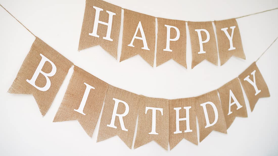 CROWNOS Happy Birthday Burlap Banner – Pre-Strung Rustic Party Sign, 6.6 ft