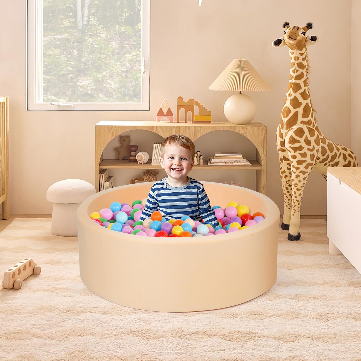 CROWNZONEE Soft Foam Ball Pit for Kids – Beige Round 36x12 in (Balls Not Included)