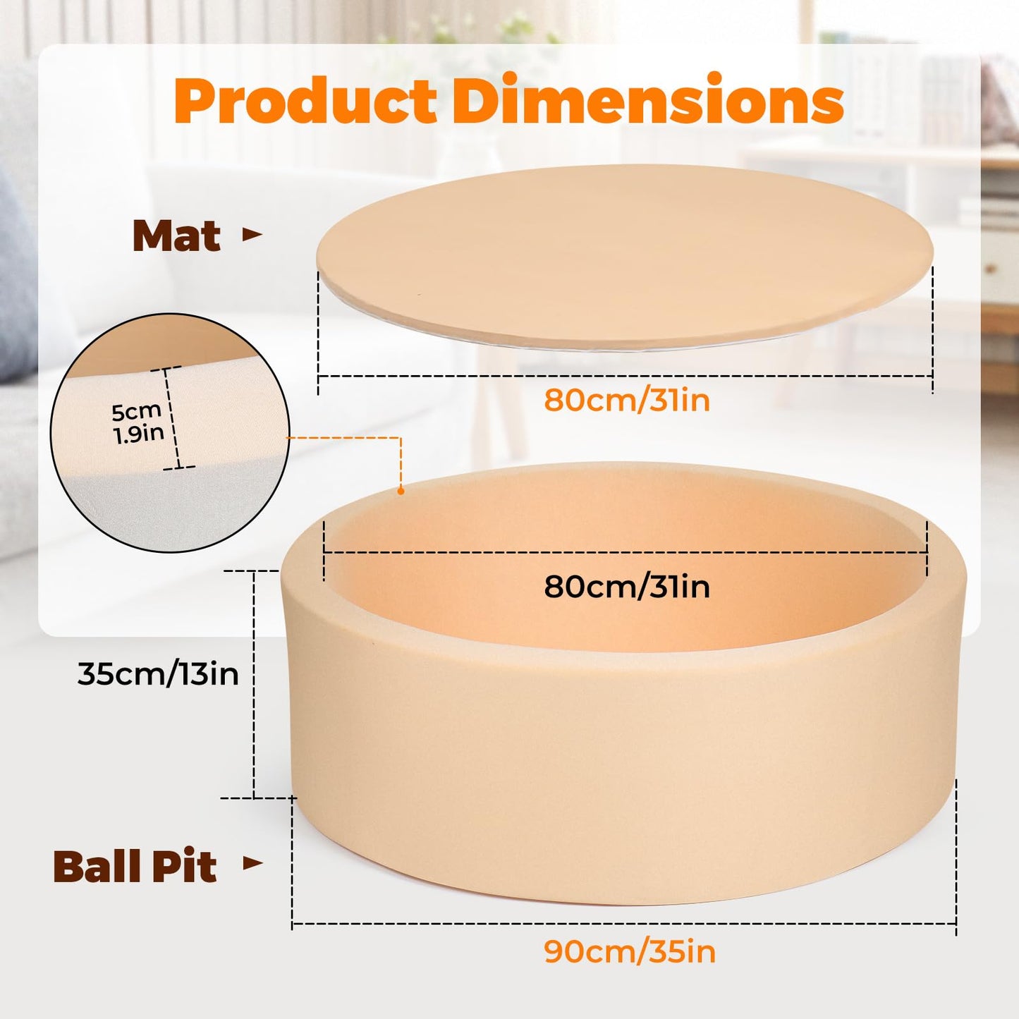 CROWNZONEE Soft Foam Ball Pit for Kids – Beige Round 36x12 in (Balls Not Included)