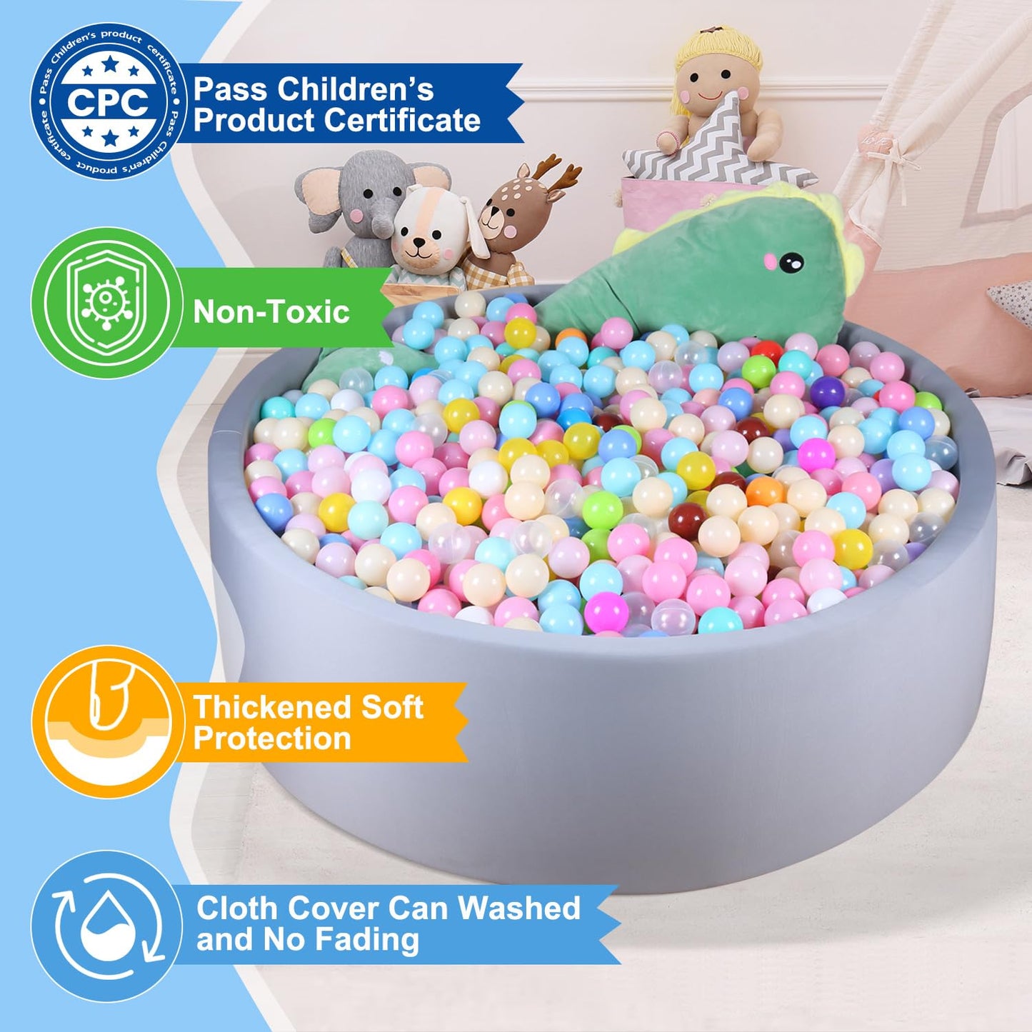 CROWNZONEE 48 Inch Foam Ball Pit for Children – Soft Velvet Wall, Memory Foam Bottom, Indoor/Outdoor Play (Balls Not Included) Light Grey