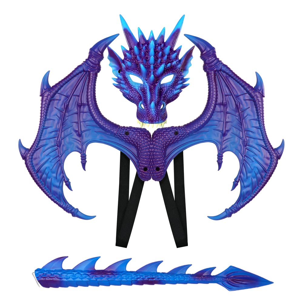 CRTEPST Dragon Costume for Kids – Dragon Mask, Wings & Tail Set (Blue Purple)