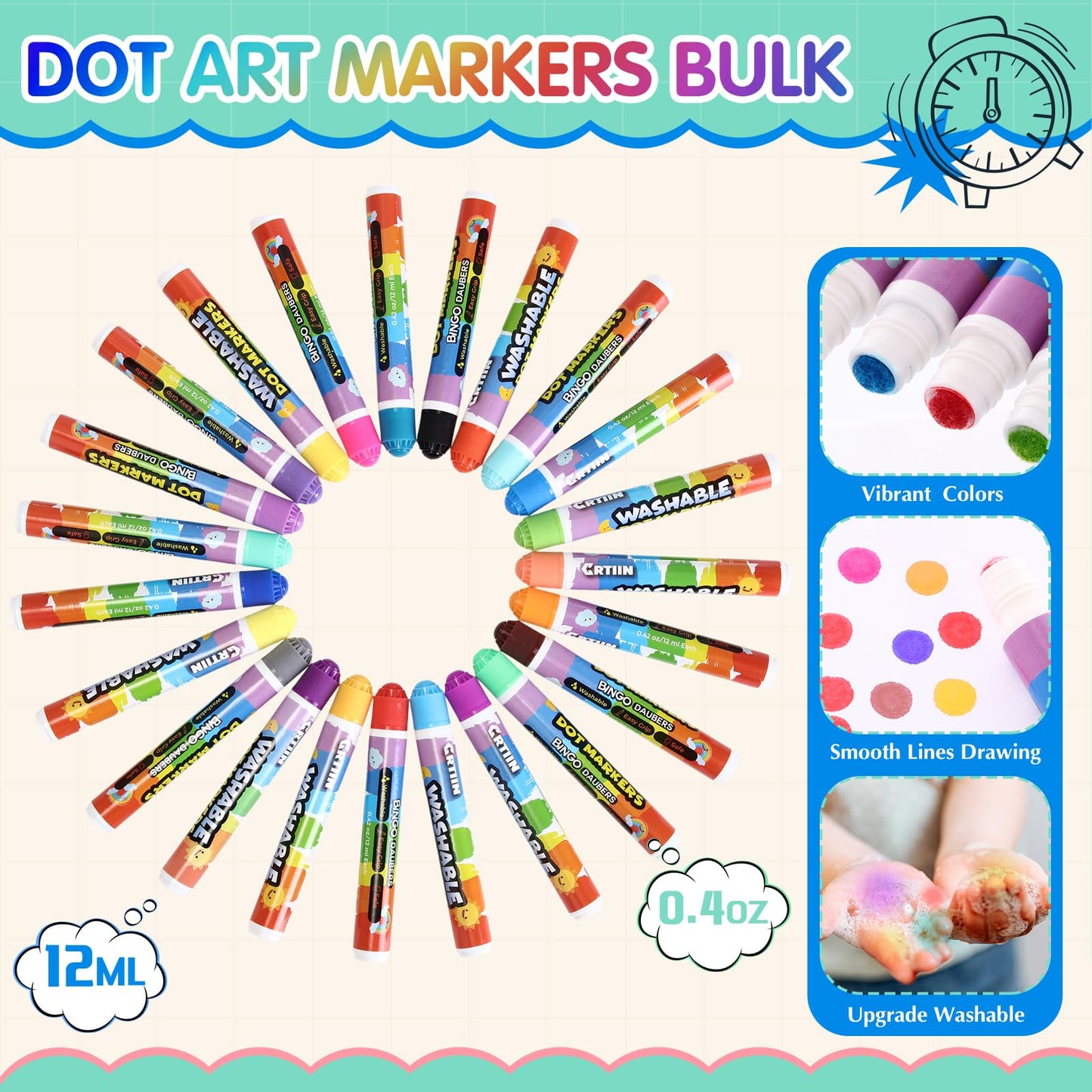 Crtiin 60 Pack Washable Dot Markers Set – 30 Colors, 0.4oz Bingo Daubers for Art & Crafts